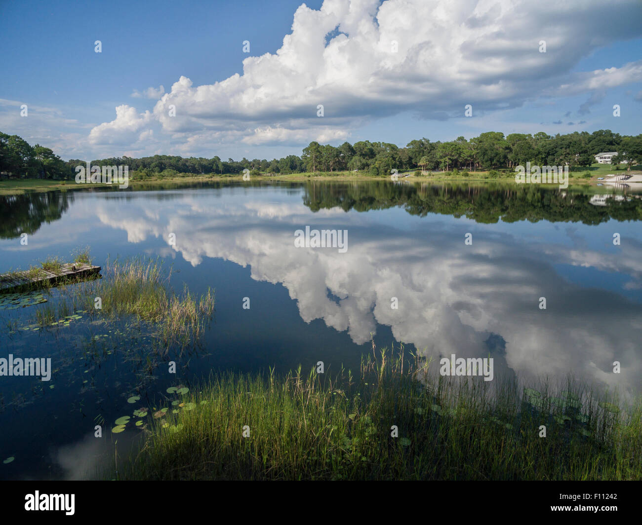 Nuage Cumulous reflétant dans l'eau du lac Banque D'Images