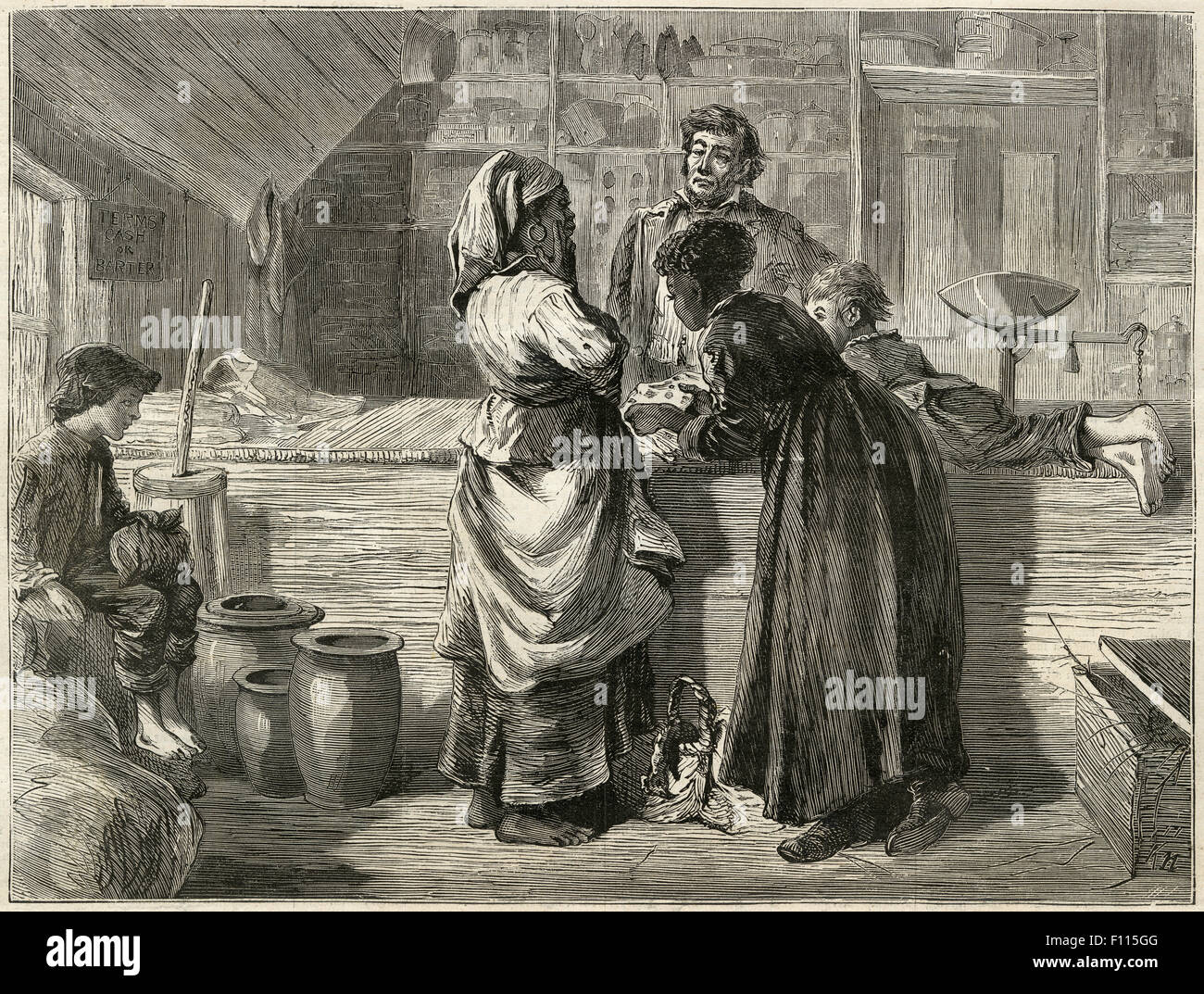 1872 Antique gravure de Harper's Weekly, l'intérieur d'un magasin en Caroline du Nord, dessin de Sol Eytinge Jr à partir d'un dessin de Mlle Mary L. Stone. Banque D'Images