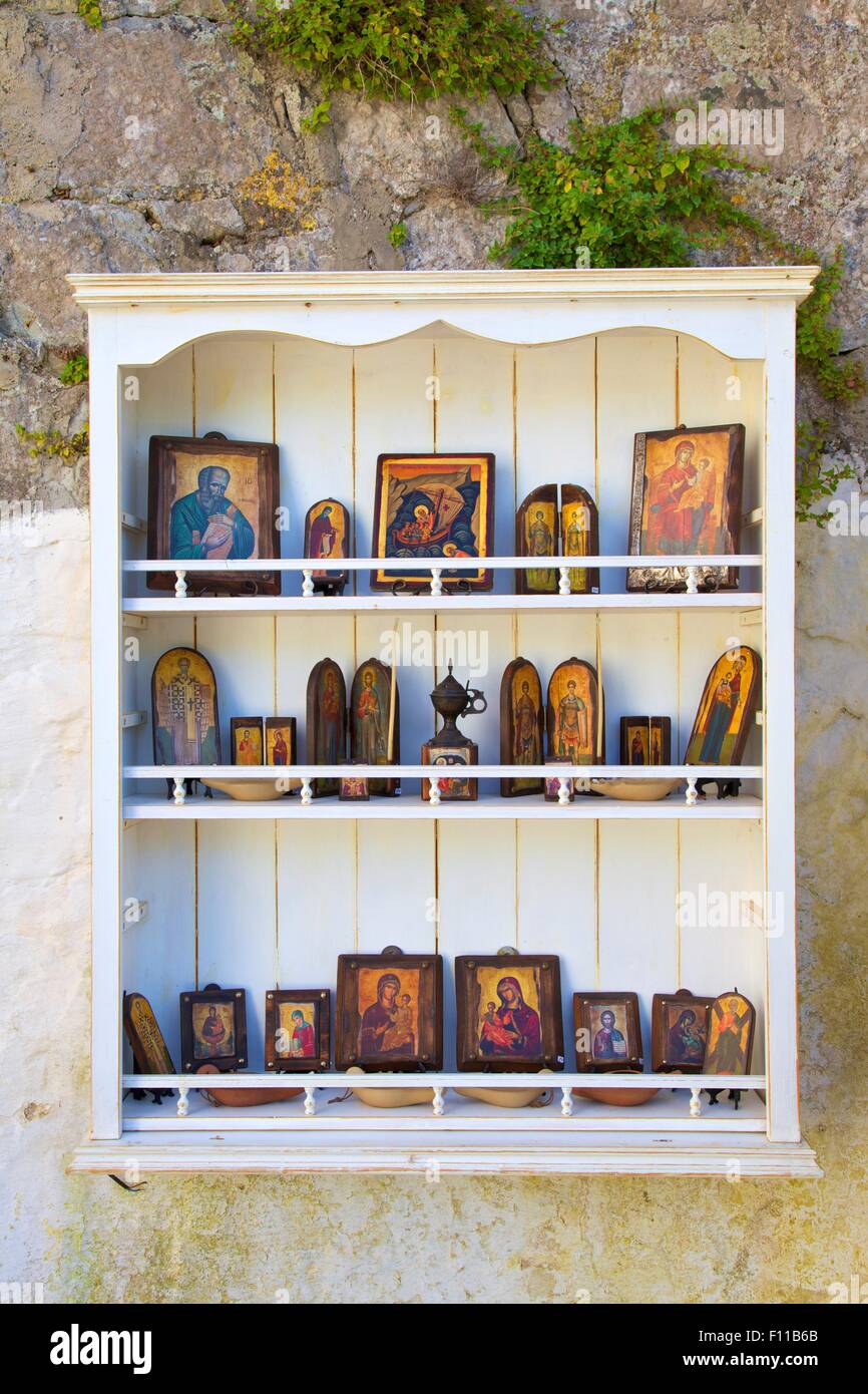 Souvenirs religieux, Patmos, Dodécanèse, îles grecques, Grèce, Europe Banque D'Images