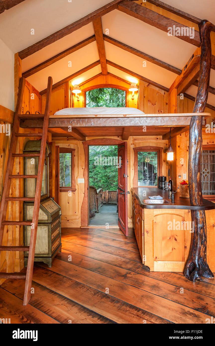 Porte et chambre en mezzanine dans maison de l'arbre en bois Photo Stock -  Alamy