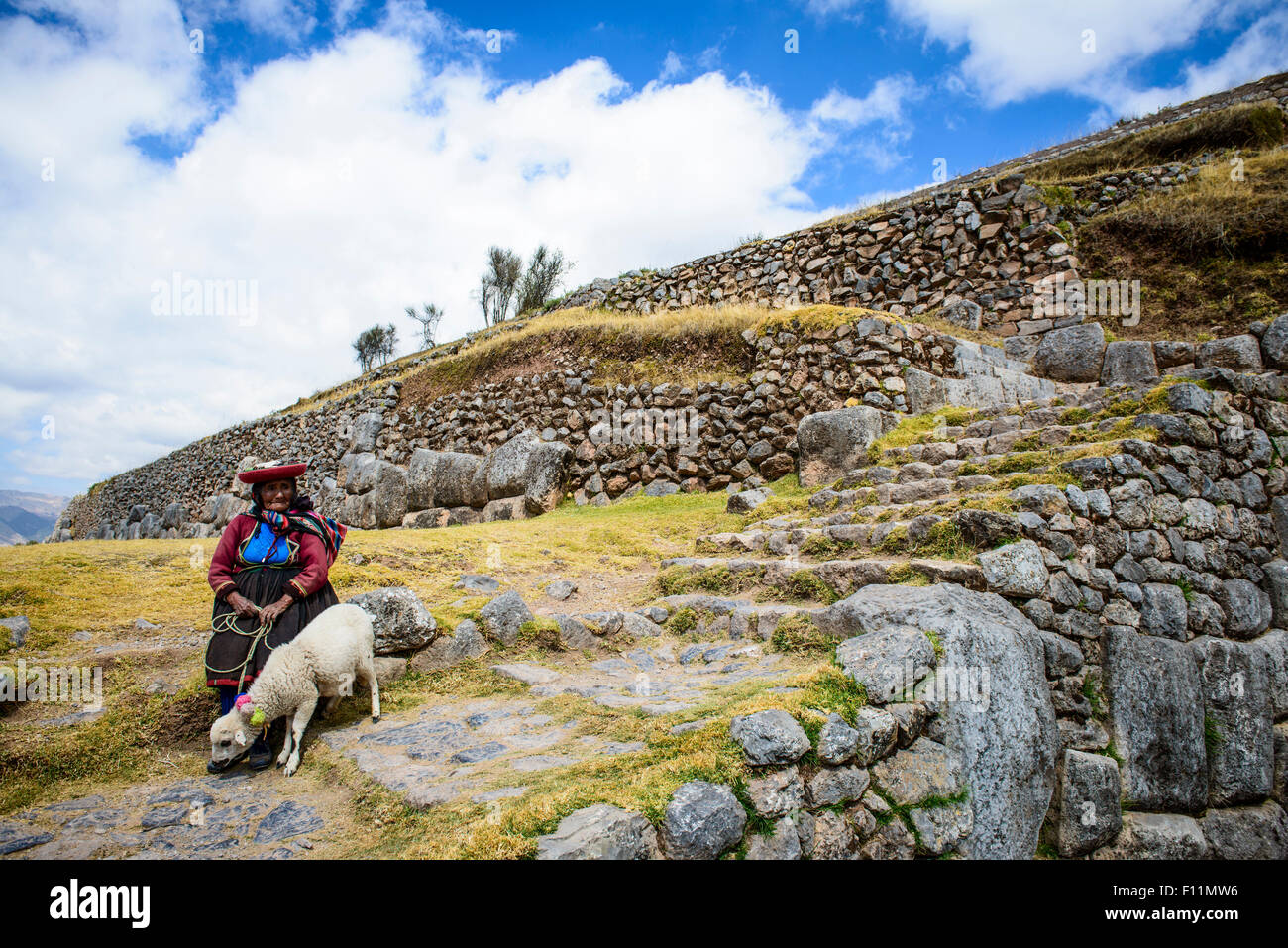 Older Hispanic woman walking llama sur marches de pierre Banque D'Images