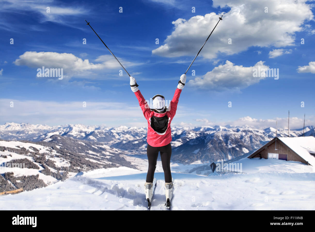 Une jeune femme de ski dans les montagnes Banque D'Images