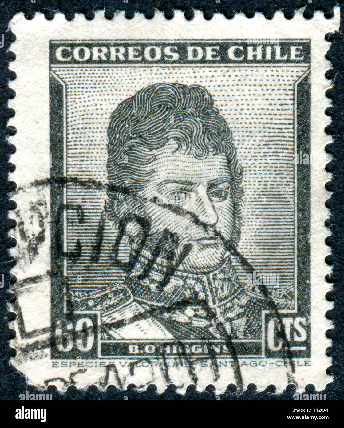 Chili - circa 1948 : timbre-poste imprimé au Chili, spectacles portrait de Bernardo O'Higgins Riquelme, circa 1948 Banque D'Images