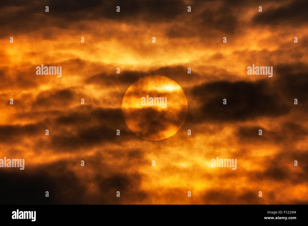 Soleil derrière des nuages de fumée. Banque D'Images