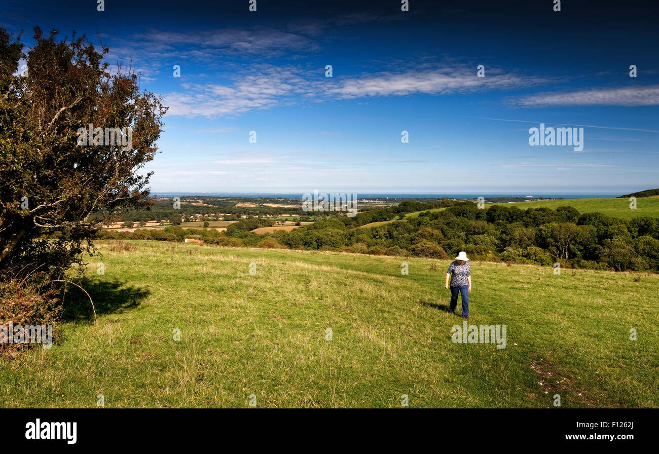 Promenades sur Ashey vers le bas, une crête de craie sur l'île de Wight, offrant une vue spectaculaire sur l'île et Solent Banque D'Images