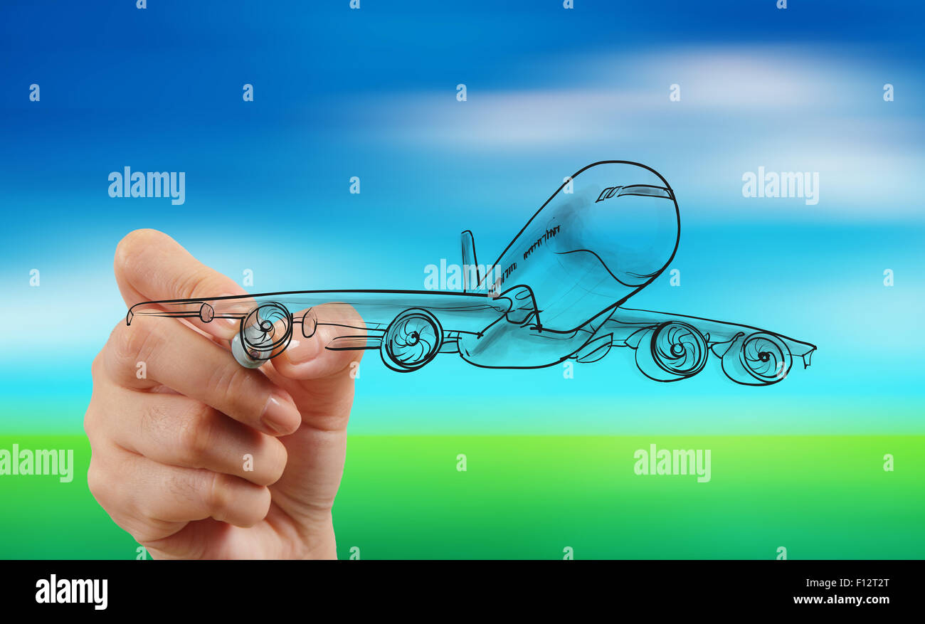 Dessin et avion sur fond de ciel bleu flou Banque D'Images