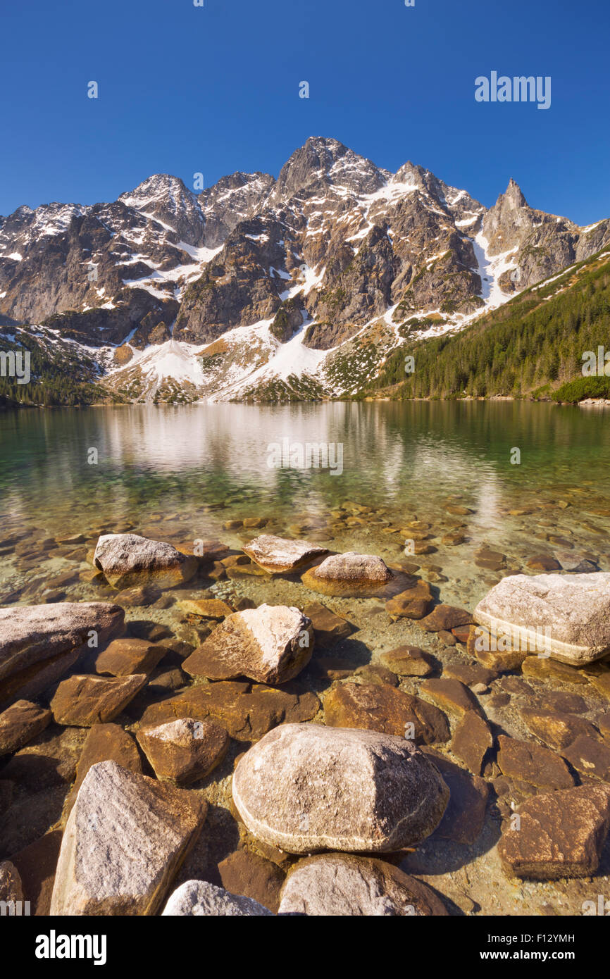 Le Morskie Oko Lac de montagne dans les Tatras en Pologne, sur un beau matin lumineux. Banque D'Images