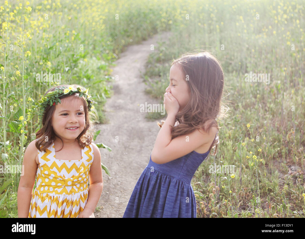 Deux filles rire dans un champ de fleurs Banque D'Images