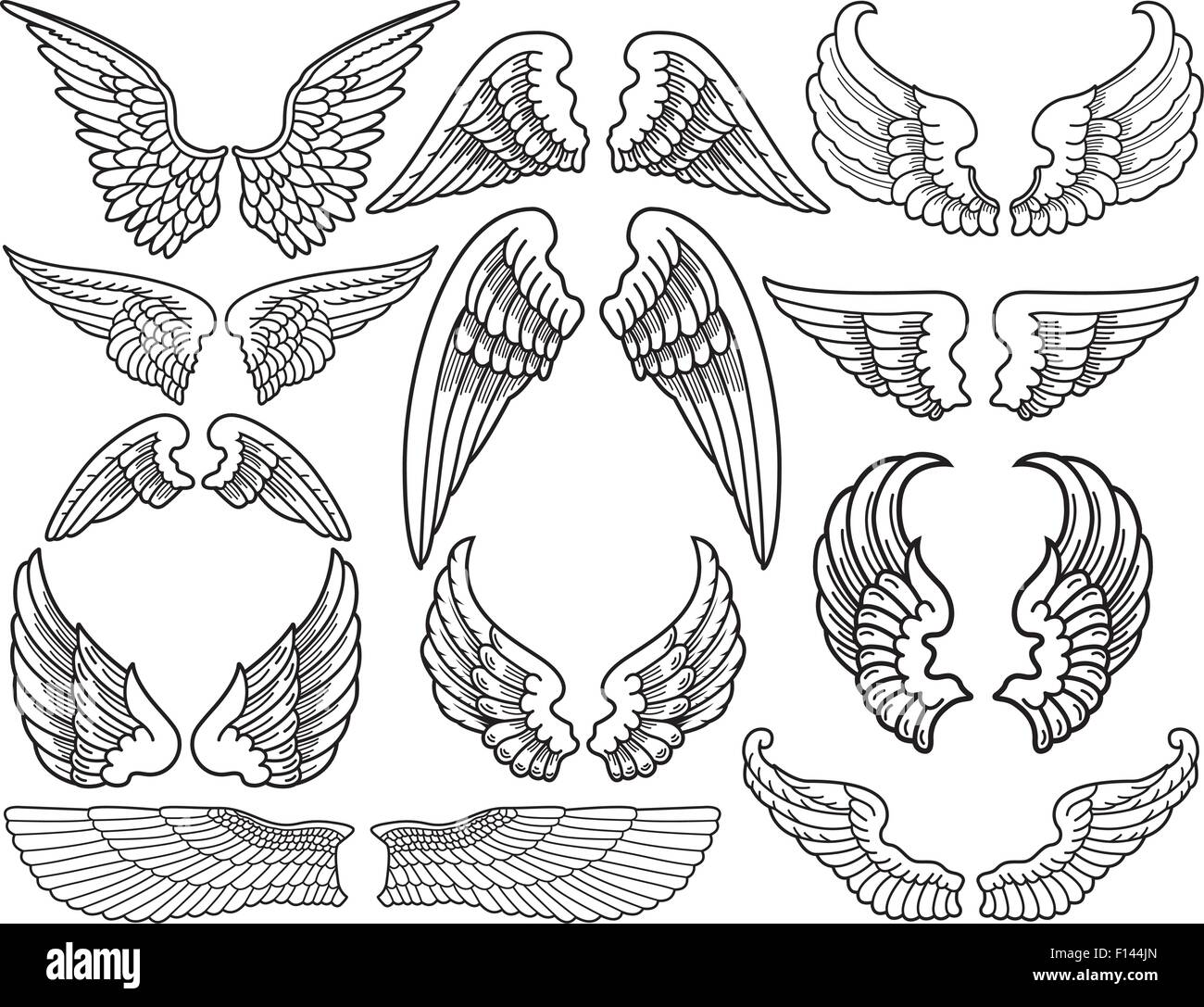 Douze Ensembles d'ailes d'Ange Noir et Blanc Illustration de Vecteur