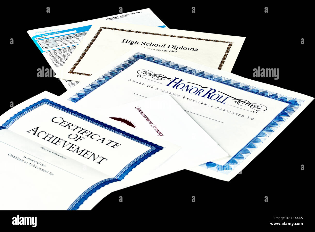 Documents d'éducation y compris sat rapport, diplôme d'honneur, reconnaissance, commencemnent et programme de certificat Banque D'Images