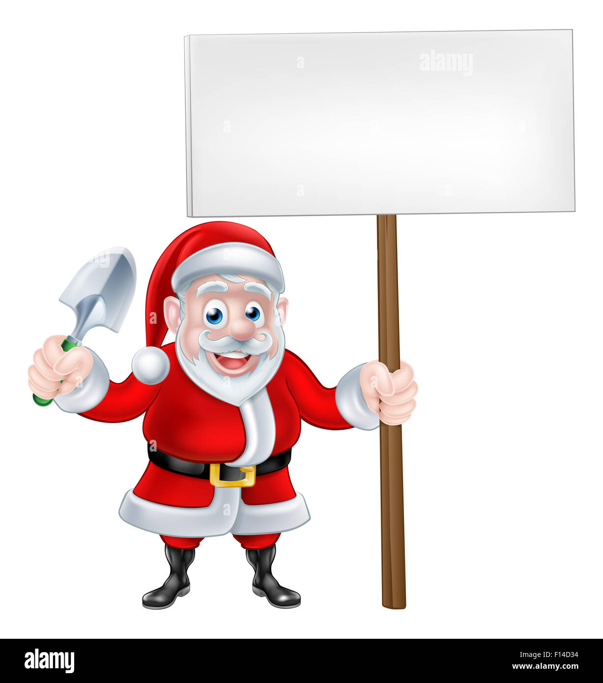 Un dessin animé de Noël du Père Noël tenant une bêche et d'une truelle de signe Banque D'Images