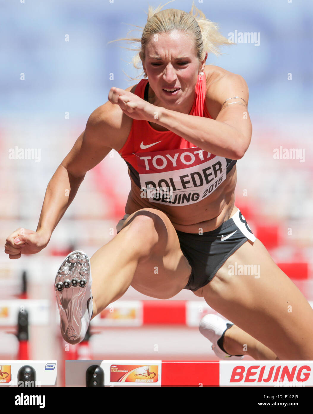 Beijing, Chine. Août 27, 2015. Cindy L'Allemagne au cours de la concurrence Roleder 100 m haies série 1 sur la 15e Association Internationale des Fédérations d'athlétisme (IAAF) Championnats du monde d'athlétisme à Pékin, Chine, 27 août 2015. Dpa : Crédit photo alliance/Alamy Live News Banque D'Images