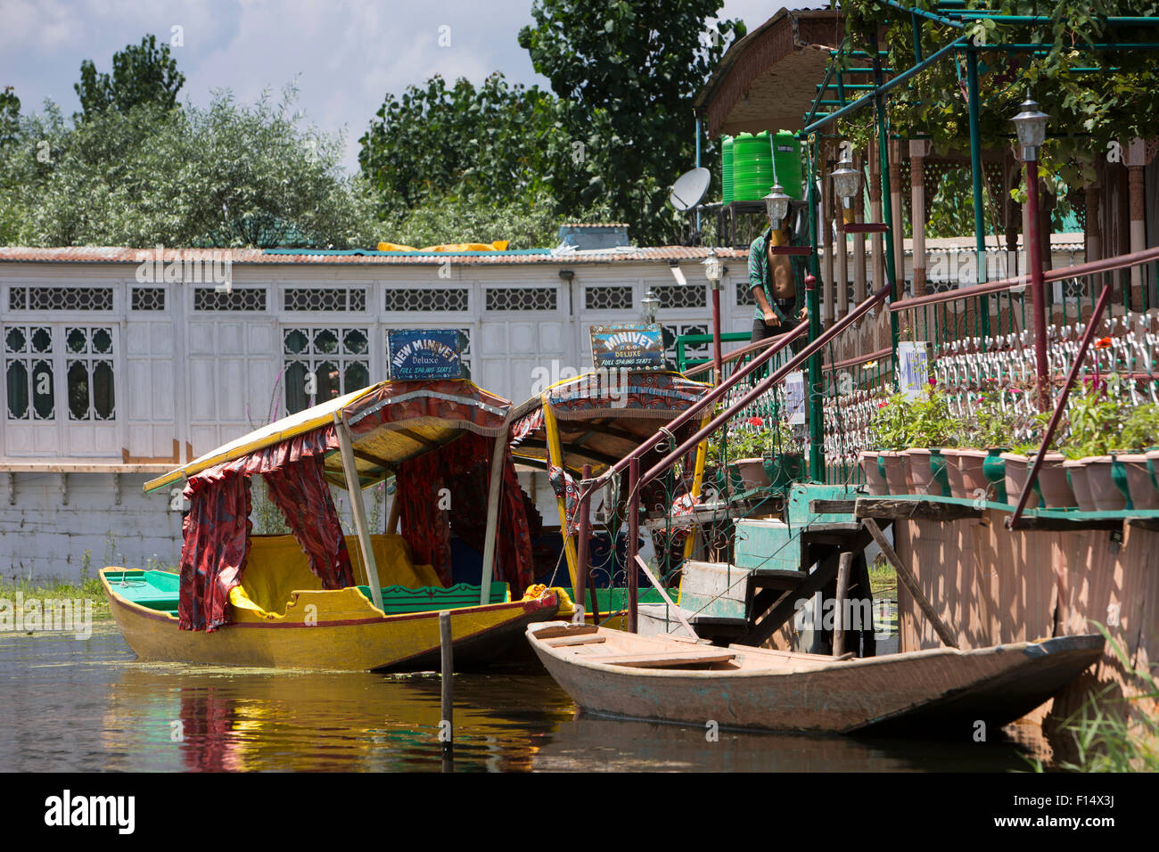 L'Inde, le Jammu-et-Cachemire, Srinagar, le lac Dal, coloré shikaras Minivet rouge amarré à la péniche Banque D'Images