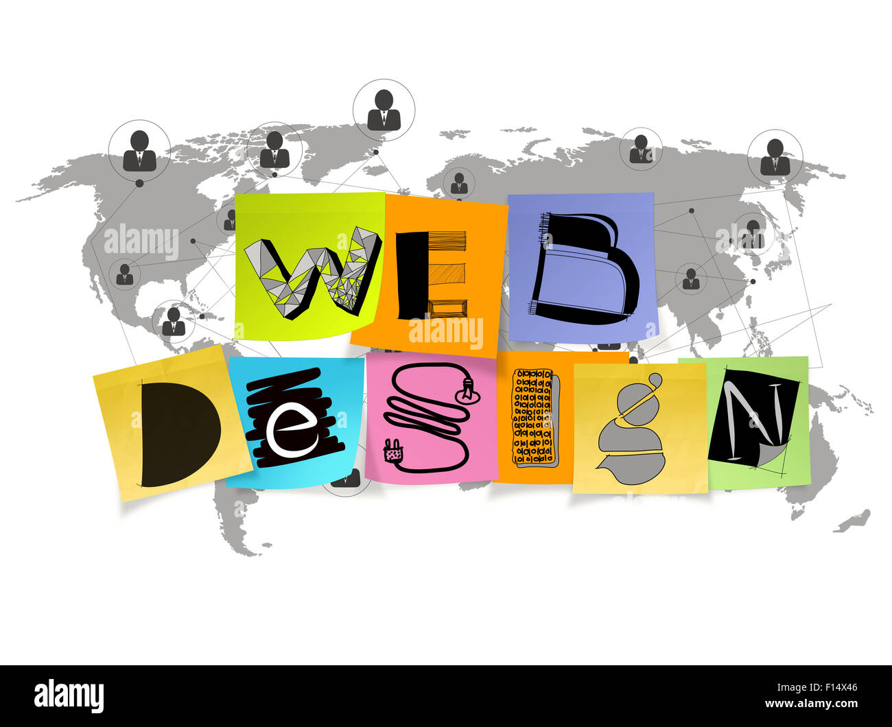 Hand drawn web design sur Post-it et carte du monde avec l'arrière-plan en tant que concept icône Banque D'Images