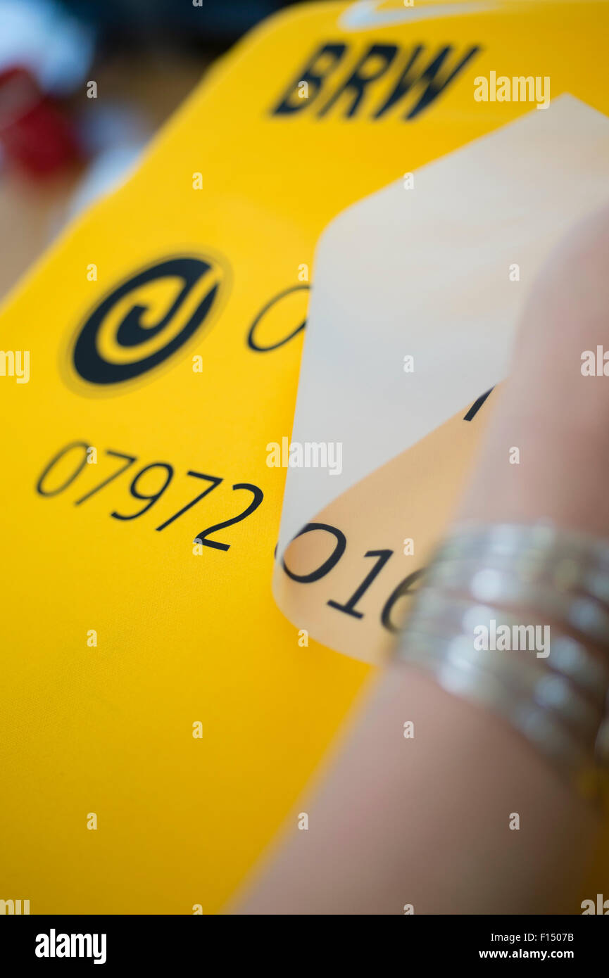 Décollant d'un transfert de chaleur du logo emblème sur une chemise de sport à une broderie et vêtements Vêtements d'affaires de l'entreprise UK Banque D'Images