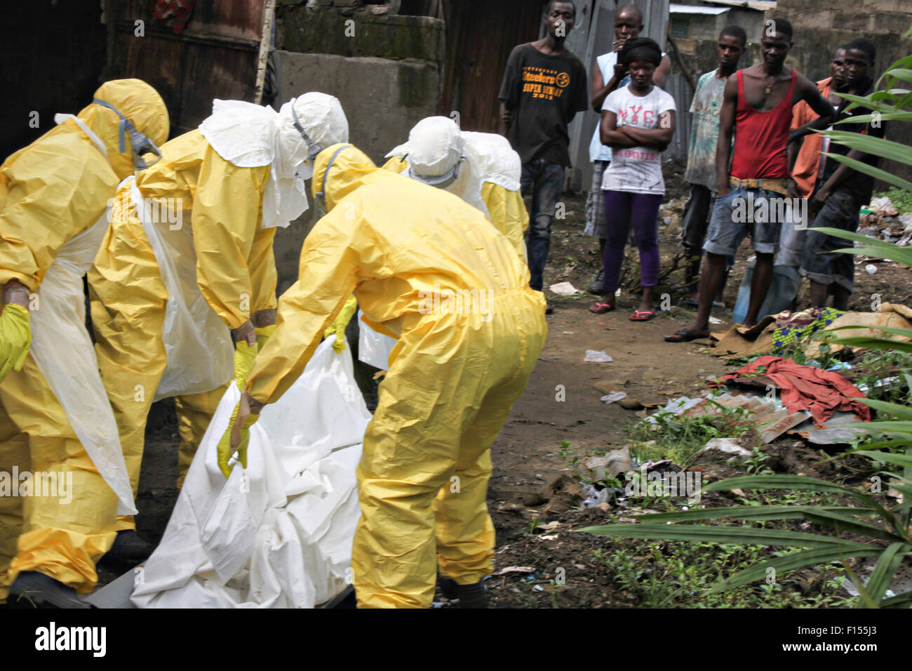 Fédération internationale des Sociétés de la Croix-Rouge des équipes d'inhumation déposer le corps d'une victime d'un accueil d'Ebola comme villageois regarder avant de les prendre pour l'enterrement le 10 novembre 2014 à Monrovia, au Libéria. Banque D'Images