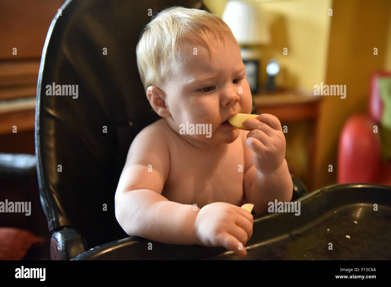 Un Bebe 11 Mois Assis Sur Une Chaise Haute De Manger Une Tranche De Pomme Photo Stock Alamy Un Bebe 11 Mois Assis Sur Une Chaise Haute De Manger Une Tranche De Pomme Photo Stock Alamy