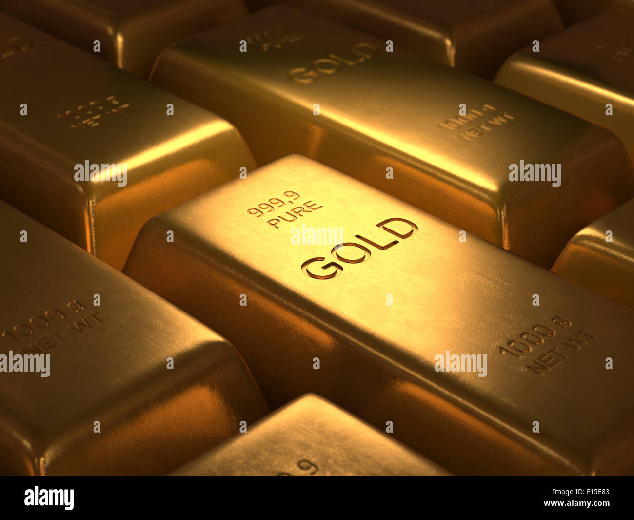 1000 grammes d'or pur. Profondeur de champ dans le mot d'or. Banque D'Images