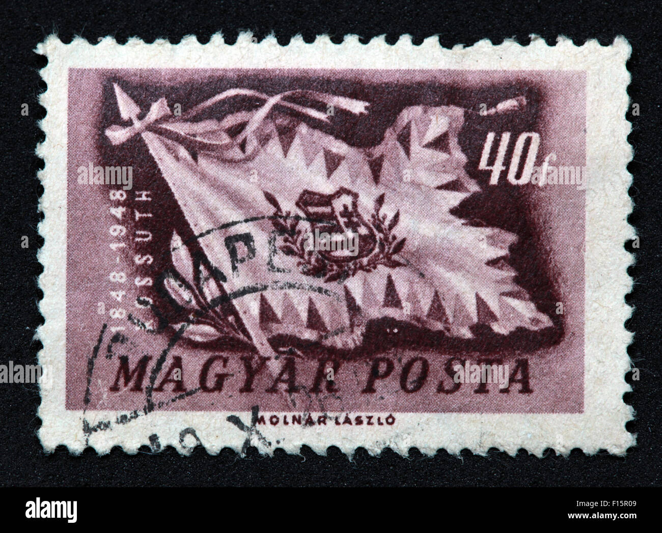 Magyar Posta 1848 1948 1848-1948 40f violet lilas Kossuth drapeau timbre Molnar Laszlo, Hongrie Banque D'Images
