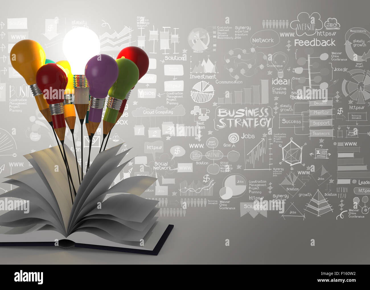 Idée dessin ampoule crayon livre ouvert et la stratégie de l'entreprise en tant que notion Banque D'Images