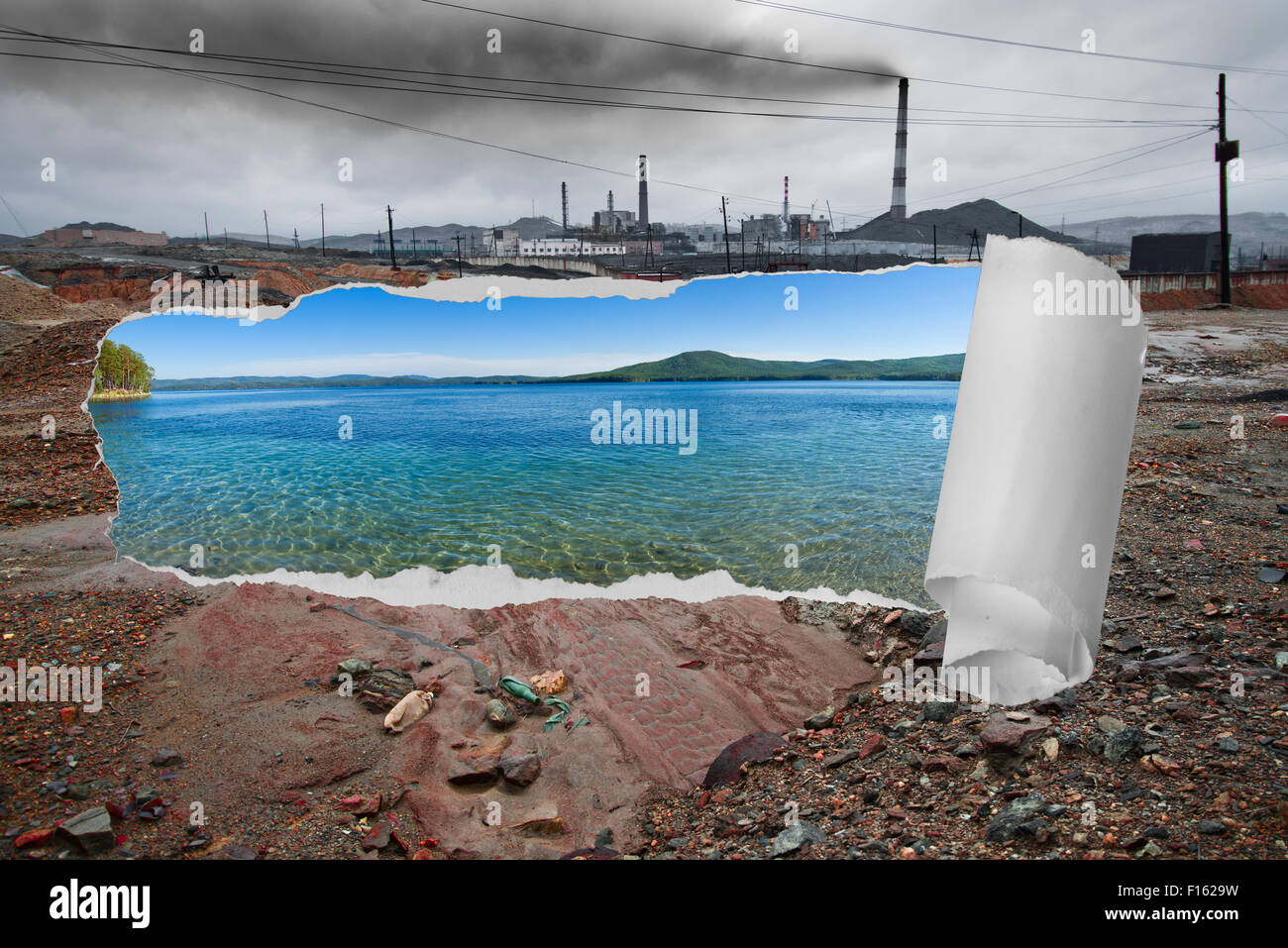 La pollution du paysage de l'environnement de l'émission d'installations industrielles, Karabash ville ; la Russie Banque D'Images