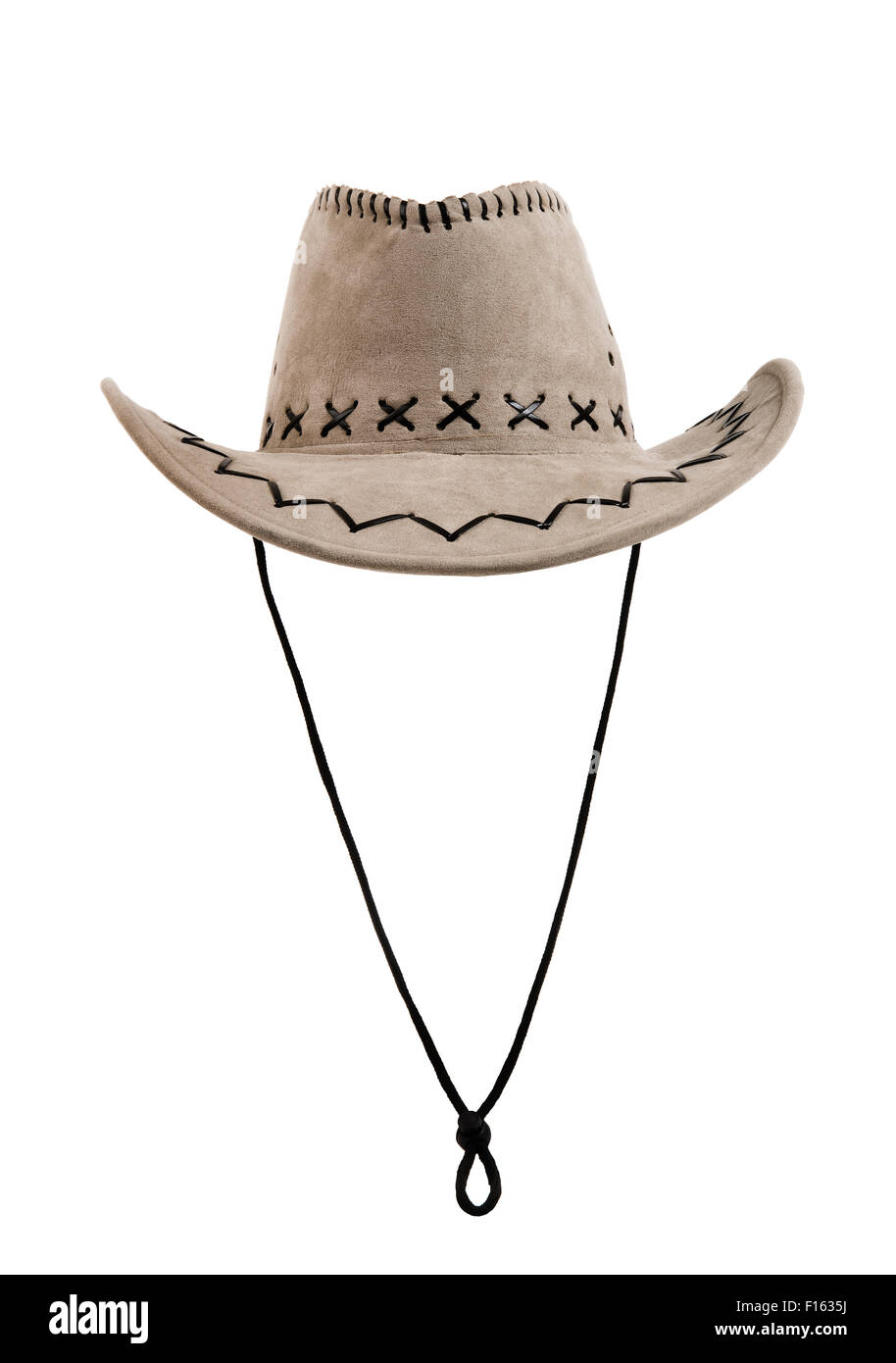 Un chapeau de cow-boy gris chamois, de face, sur fond blanc ; isolées Banque D'Images