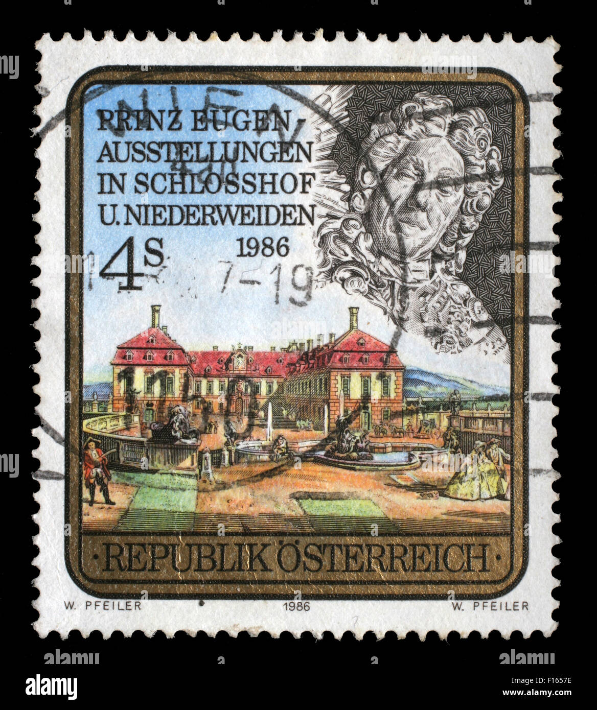 Timbres en Autriche, consacrée à l'exposition, du Prince Eugen Schlosshof et Niederweiden, vers 1986 Banque D'Images