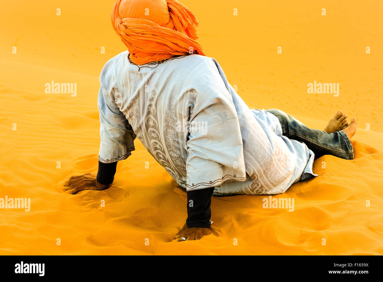 Chamelier reposant sur dune de sable après le travail Banque D'Images