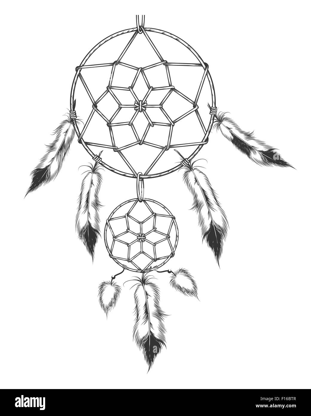 Dream Catcher, symbole traditionnel des Autochtones américains. Leur gravure. Isolé sur blanc. Illustration de Vecteur