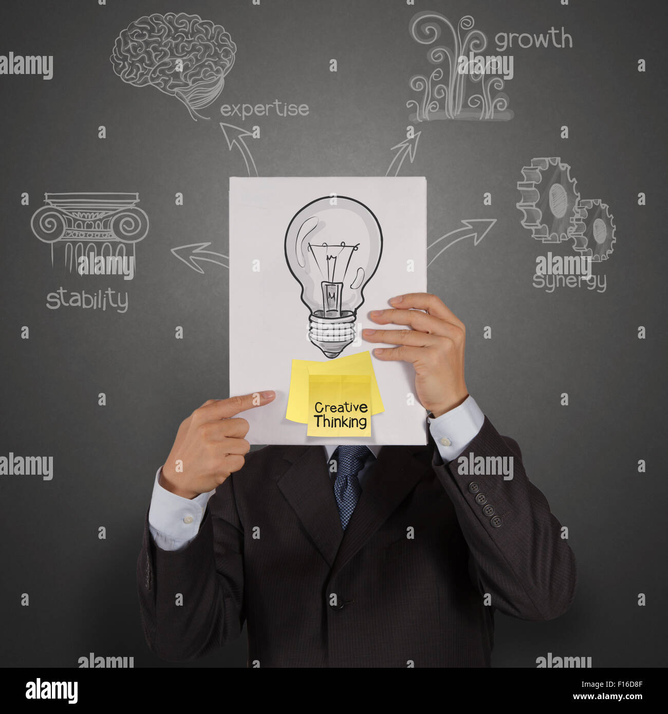 Businessman hand show book avec la pensée créative sur Post-it et lightbulb comme concept créatif Banque D'Images