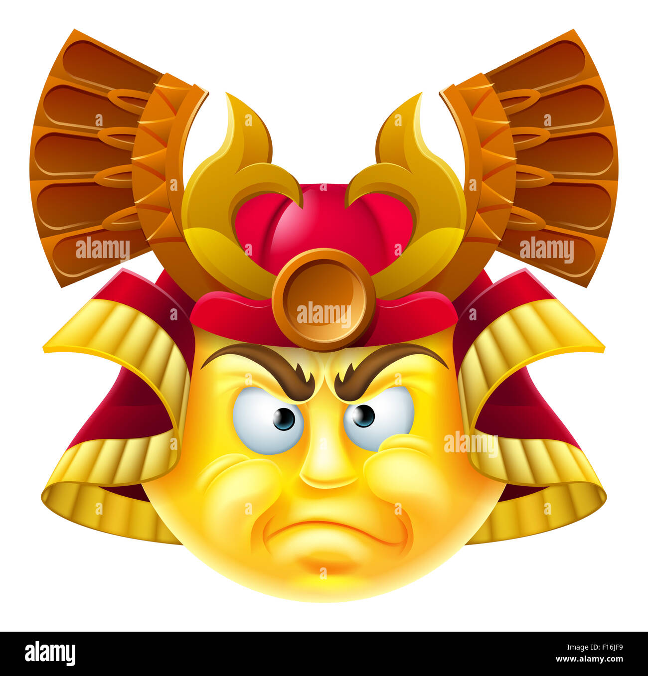 Un dessin animé samurai émoticône caractère emoji portant un casque de Samurai Warriors Banque D'Images