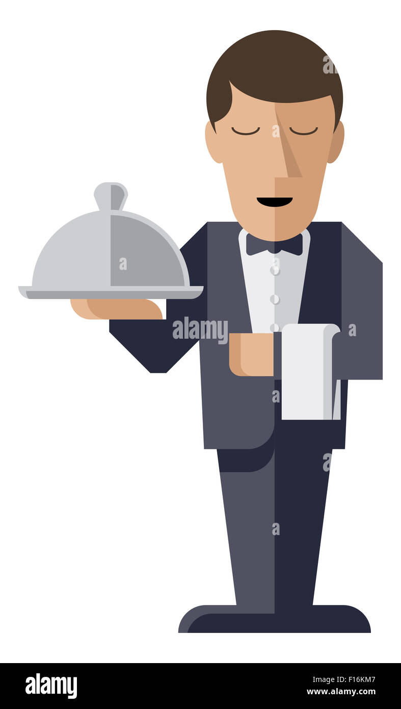 Une illustration d'un personnage stylisé waiter holding une assiette ou argent cloche Banque D'Images