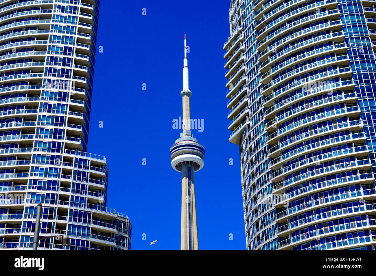 Tour du CN entre deux condominiums à Toronto, Canada Banque D'Images