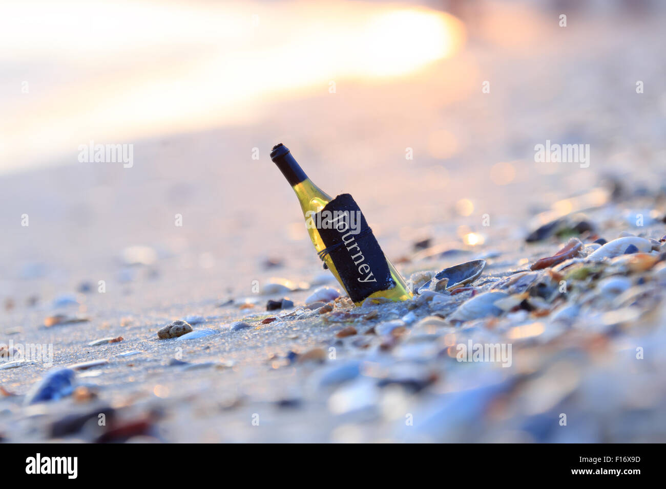 Voyage mot. Bouteille, du texte, de sable et de coquillages sur la plage au coucher du soleil, tonique. Banque D'Images
