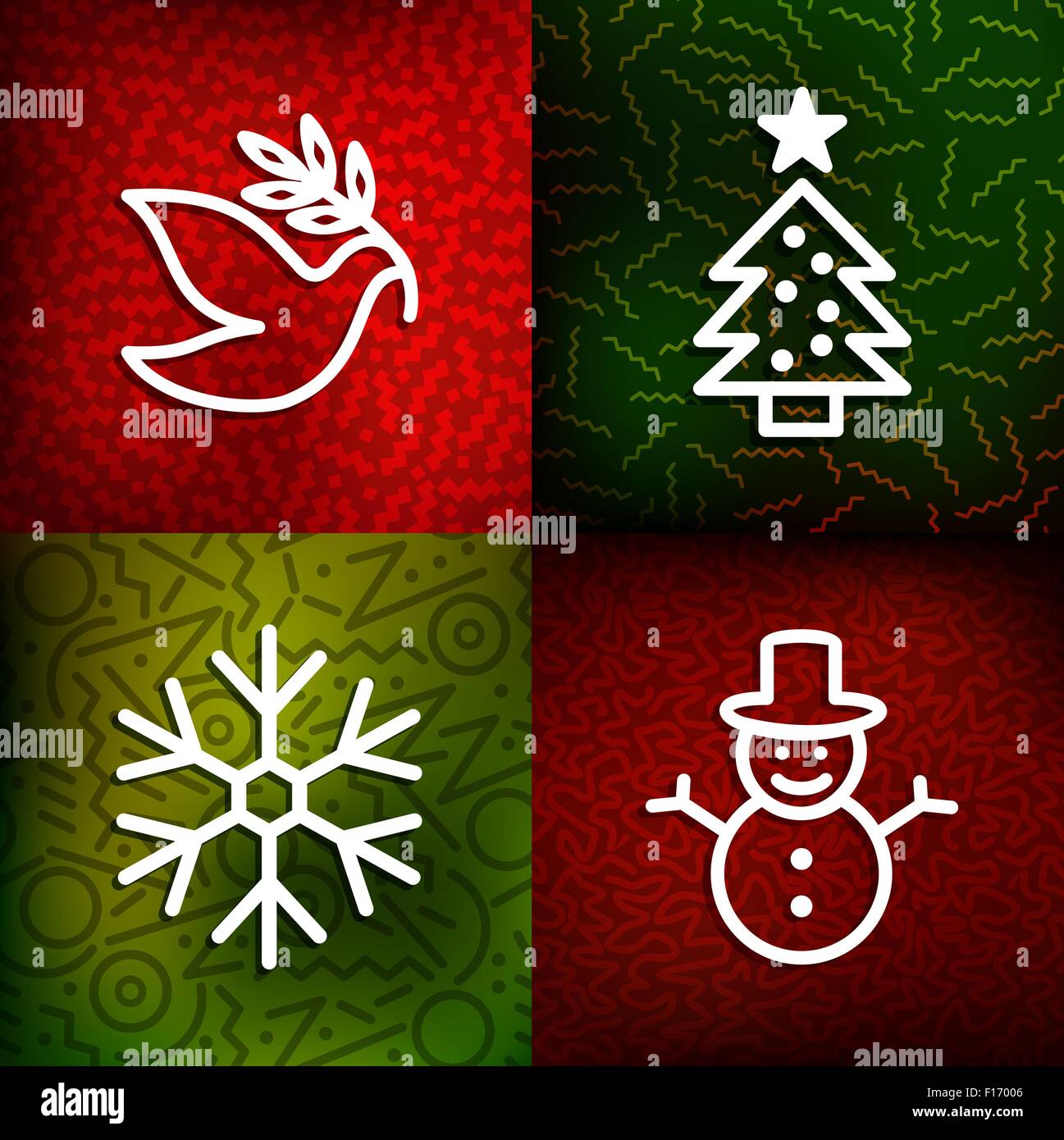Plus d'icônes de Noël art ligne vintage 80s jeu de fond : arbre de Noël, snowflake, bonhomme de colombe de la paix et de symboles. Vecteur EPS10 Illustration de Vecteur