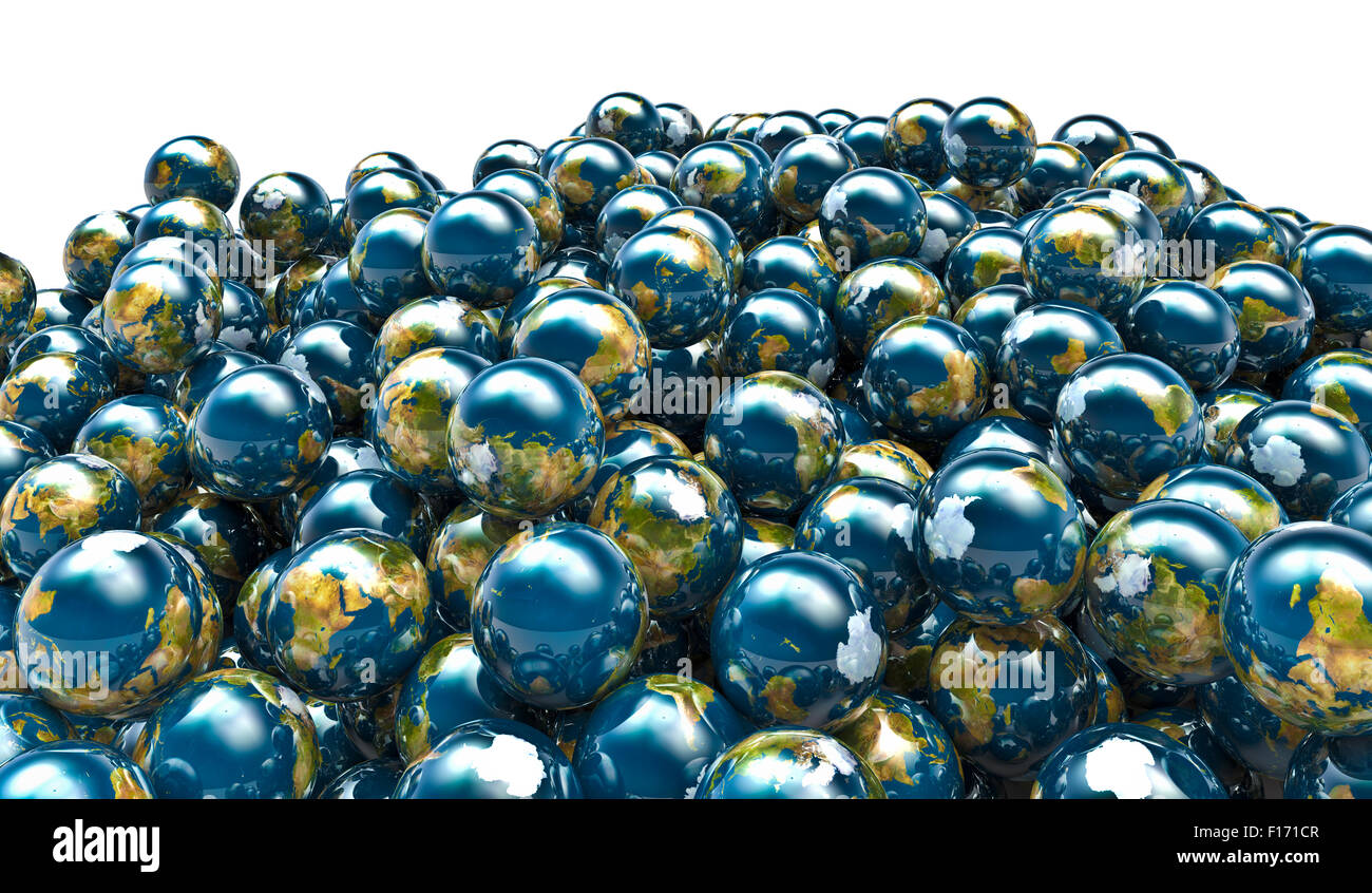 Les masses pile / 3D render of small Earth globes Banque D'Images