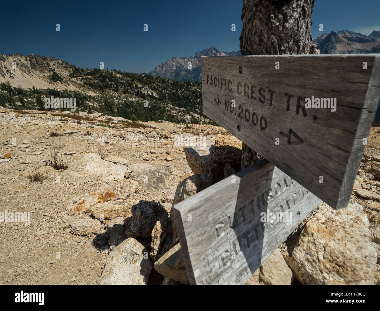 Un vieux altérée en bois panneau indiquant la voie à la Pacific Crest Trail au Col Cutthroa à Washington Banque D'Images