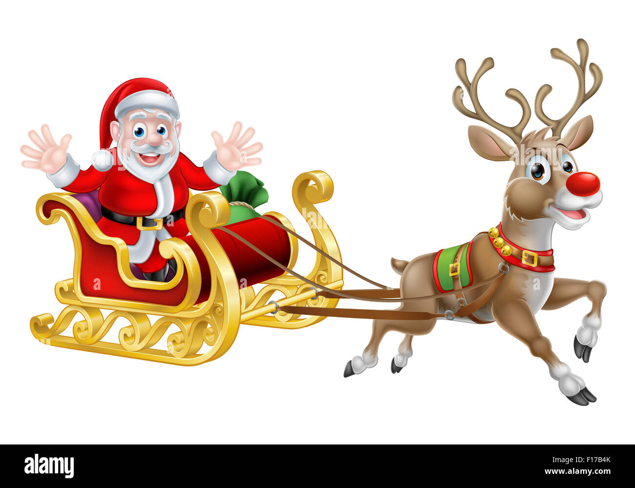 Caricature de Père Noël et ses rennes avec son traîneau de Noël Banque D'Images