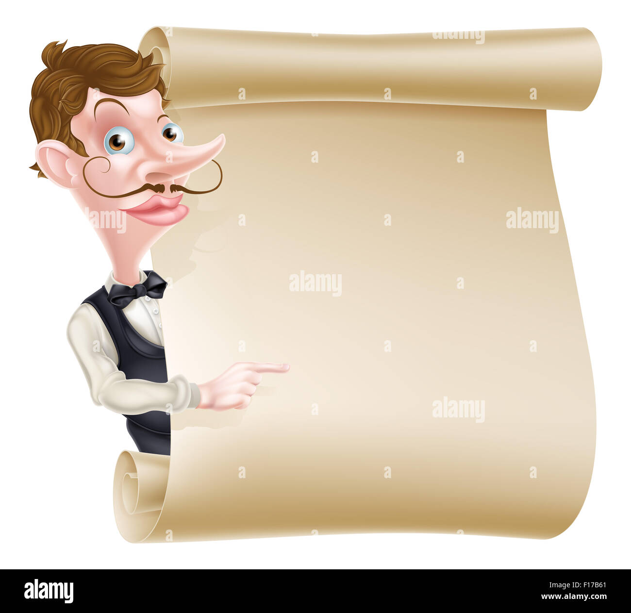 Une illustration d'un dessin animé garçon jeter autour d'un signe de défilement et de pointage Banque D'Images