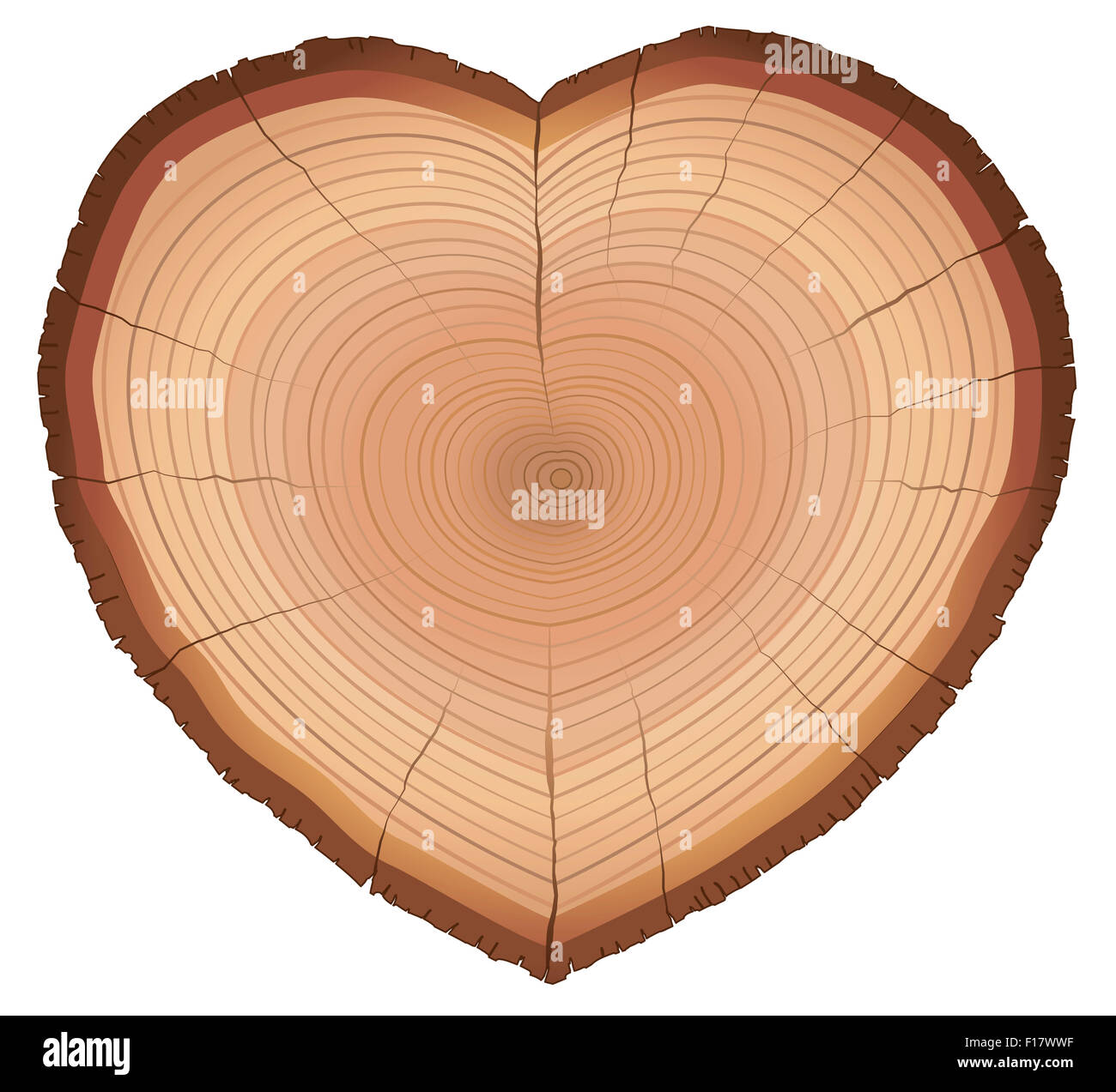 Coupe de bois en forme de coeur avec anneaux annuels, comme un symbole d'aimer la nature, les arbres, la conservation ou la protection de l'environnement. Banque D'Images