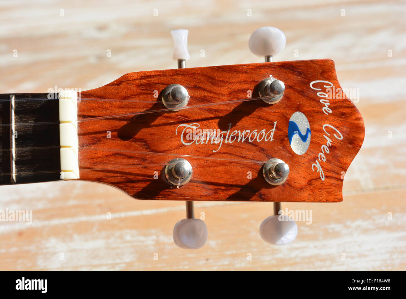 Tanglewood Cove Creek ukulele soprano. Détail de la tête, montrant chevilles. Banque D'Images
