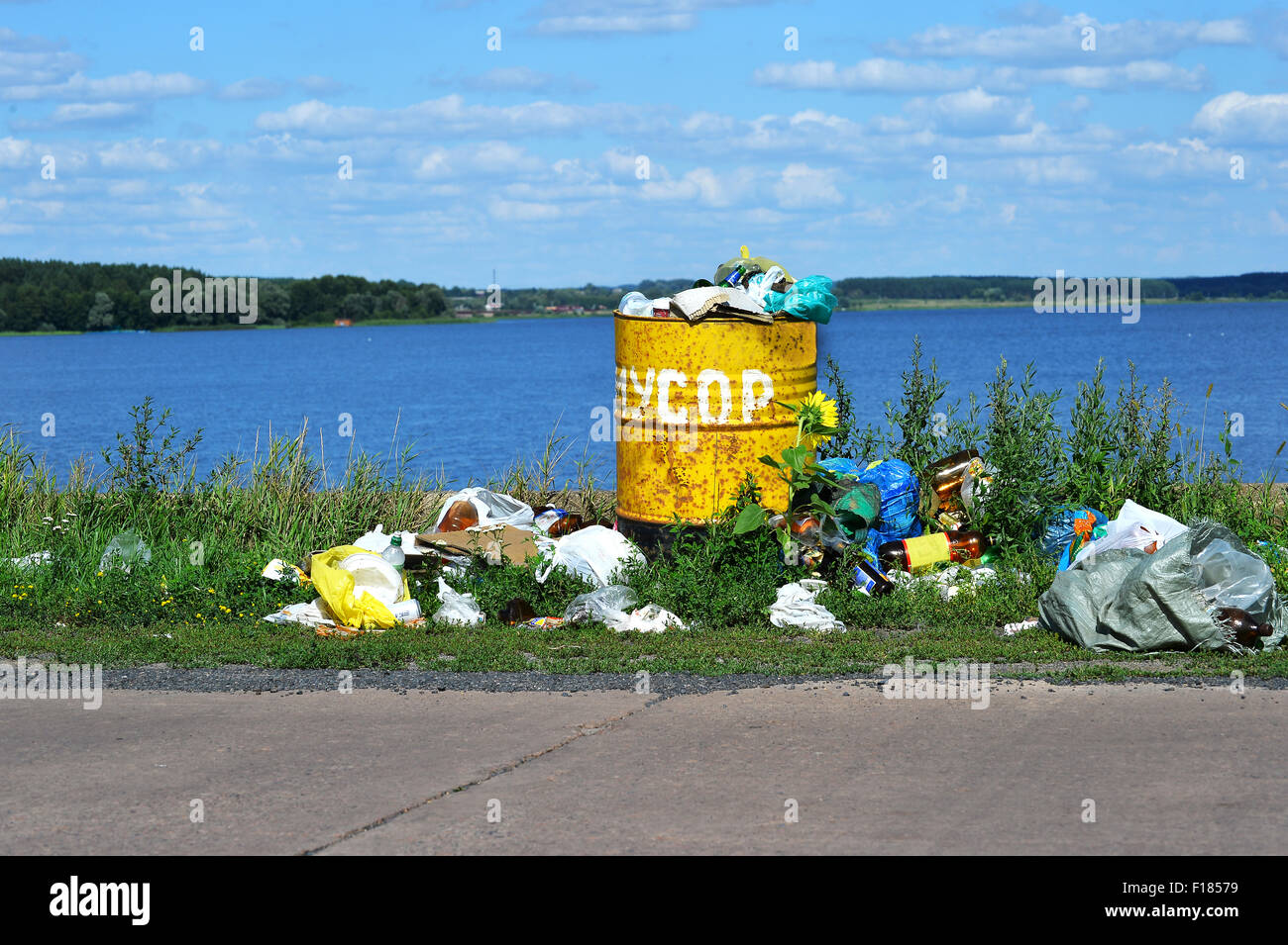 Canon débordant avec les déchets ménagers et d'élimination des déchets sur le bord de l'eau Banque D'Images