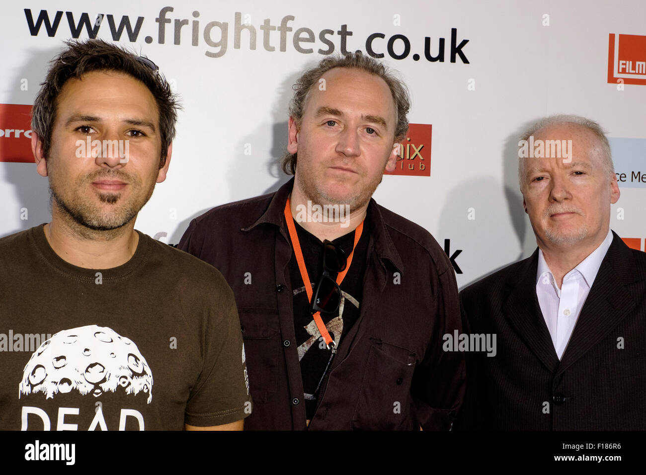 Réalisateur Paul Goodwin, Kevin O'Neill, Sean Hogan assiste à la Frightfest 2015 le 29/08/2015 au VUE West End, Londres. Le dépistage de l'avenir du film choc ! L'histoire de 2000AD. Photo par Julie Edwards/Alamy Live News Banque D'Images