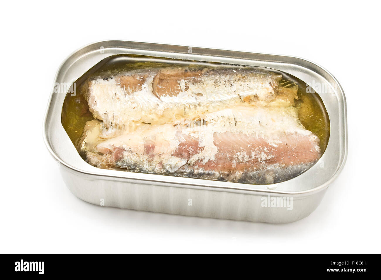 Sardines à l'ouverture du pot peut isolated on white Banque D'Images