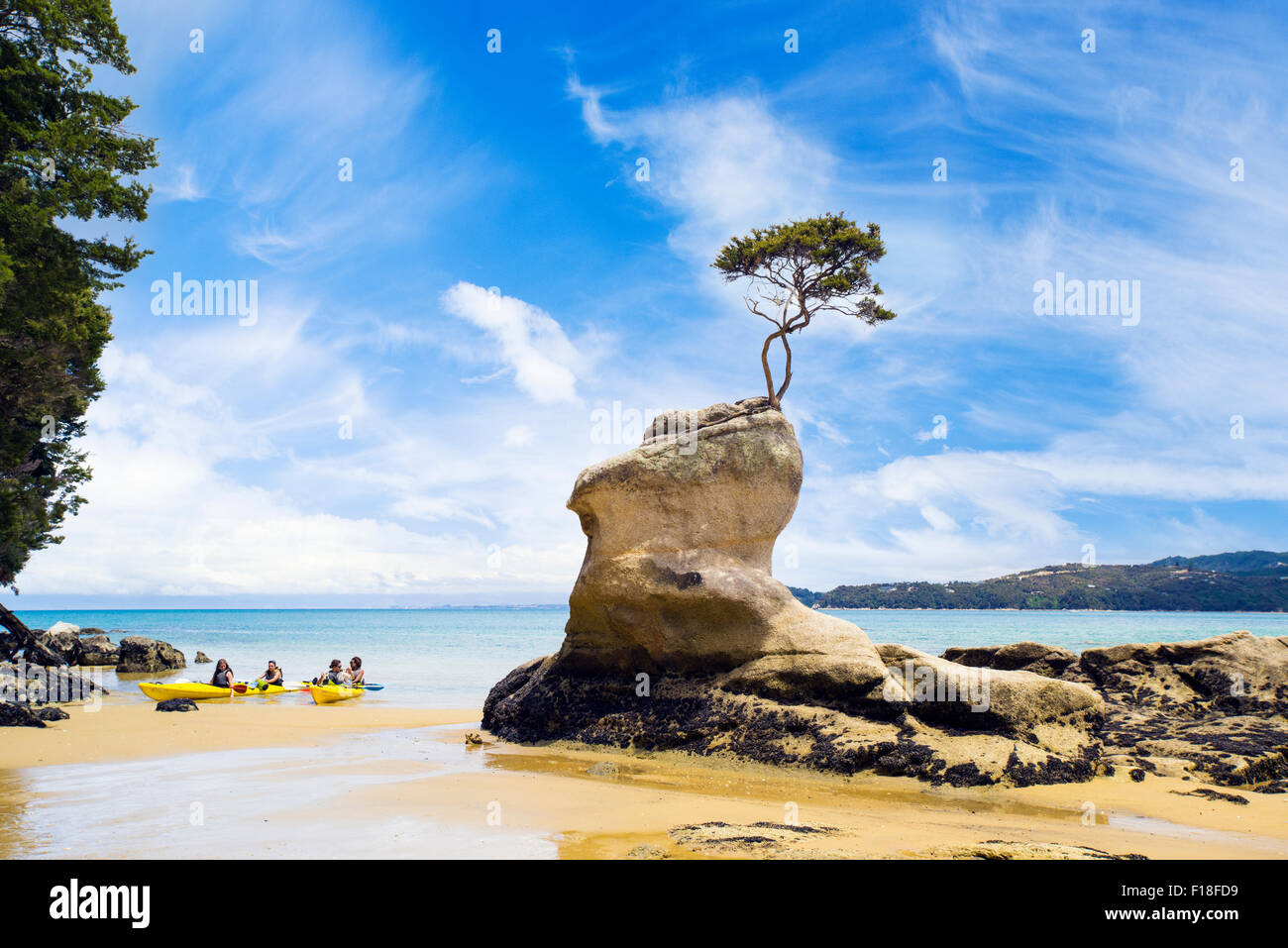 4 kayak de mer à venir à terre au Parc National Abel Tasman en Nouvelle Zélande Banque D'Images