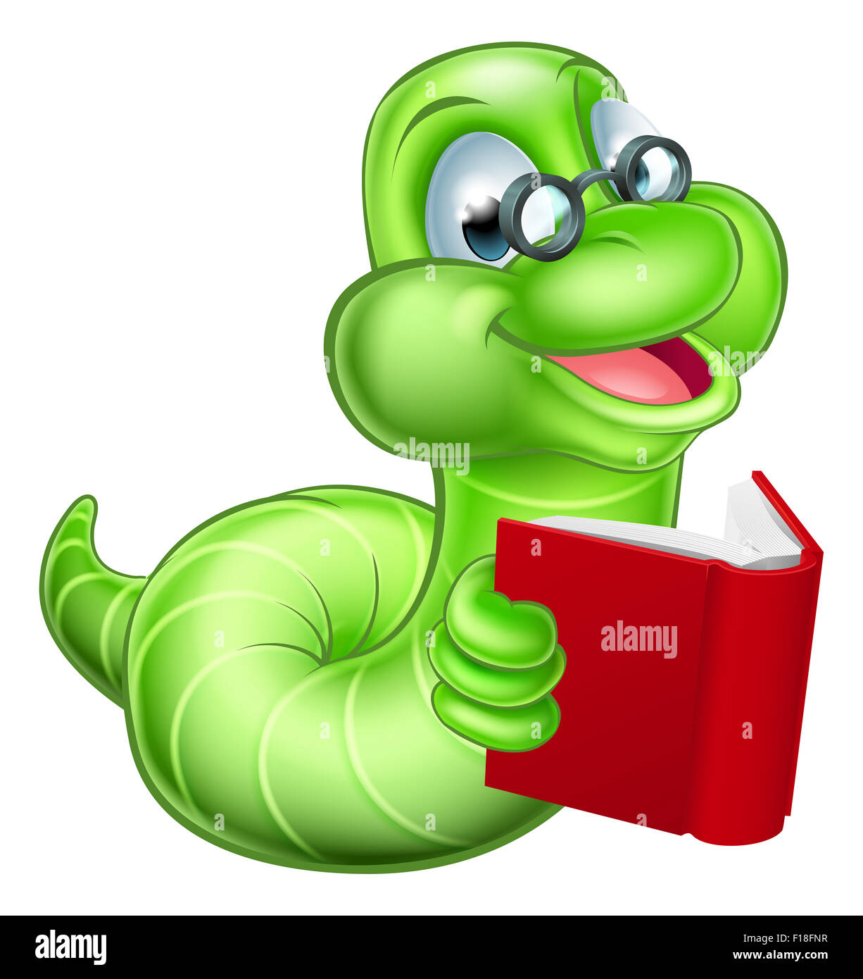 Smiling Cute cartoon ver vert caterpillar bookworm avec des lunettes pour lire un livre Banque D'Images