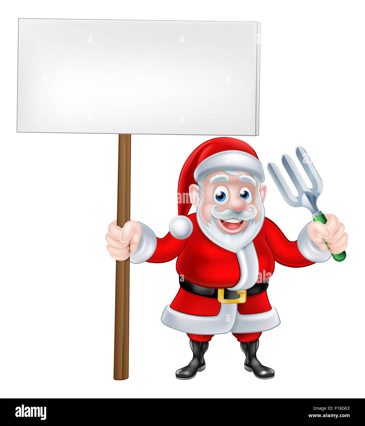 Un dessin animé de Noël illustration du Père Noël avec un panneau et garden fork Banque D'Images