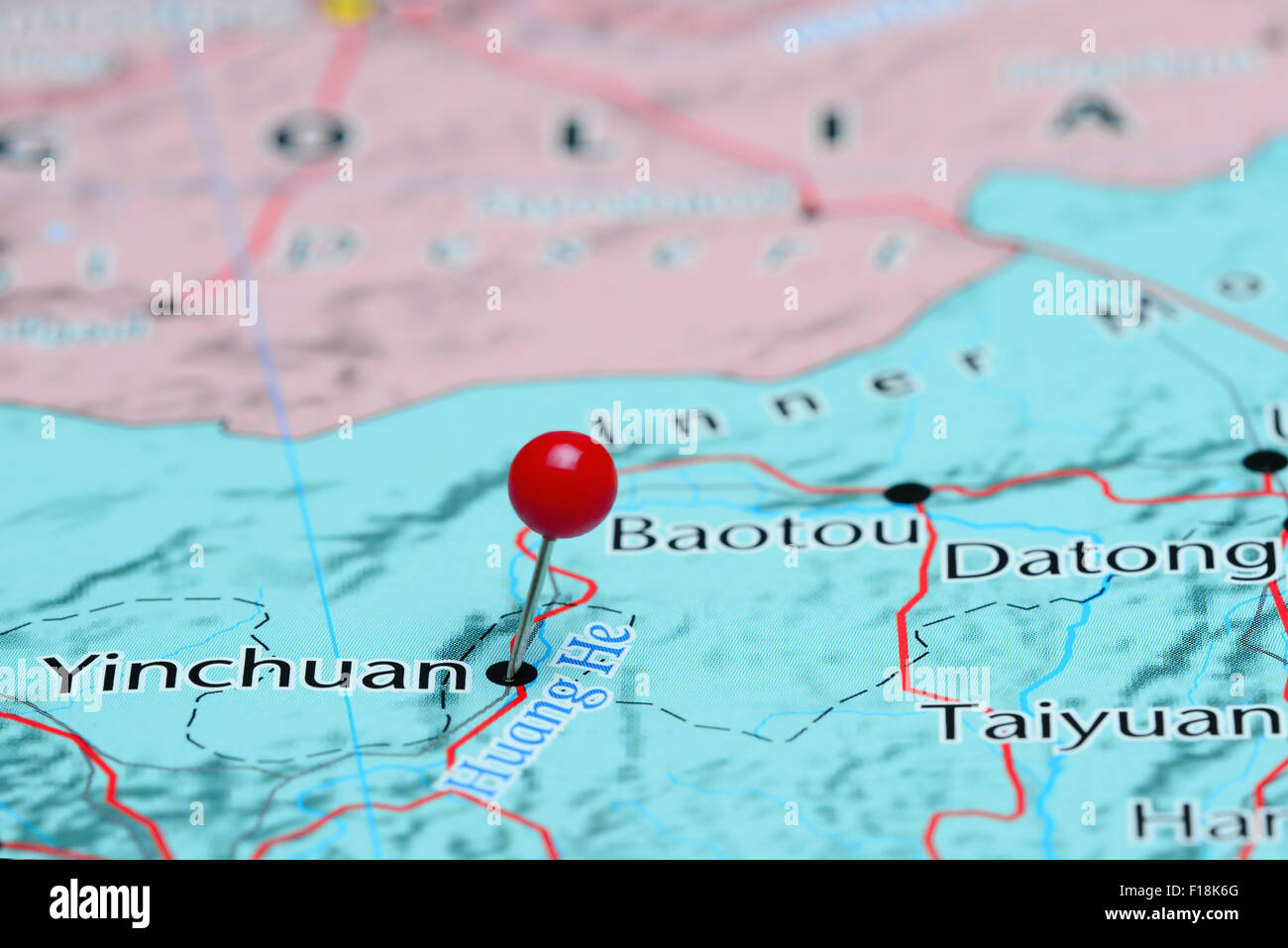 Yinchuan épinglée sur une carte de l'Asie Banque D'Images