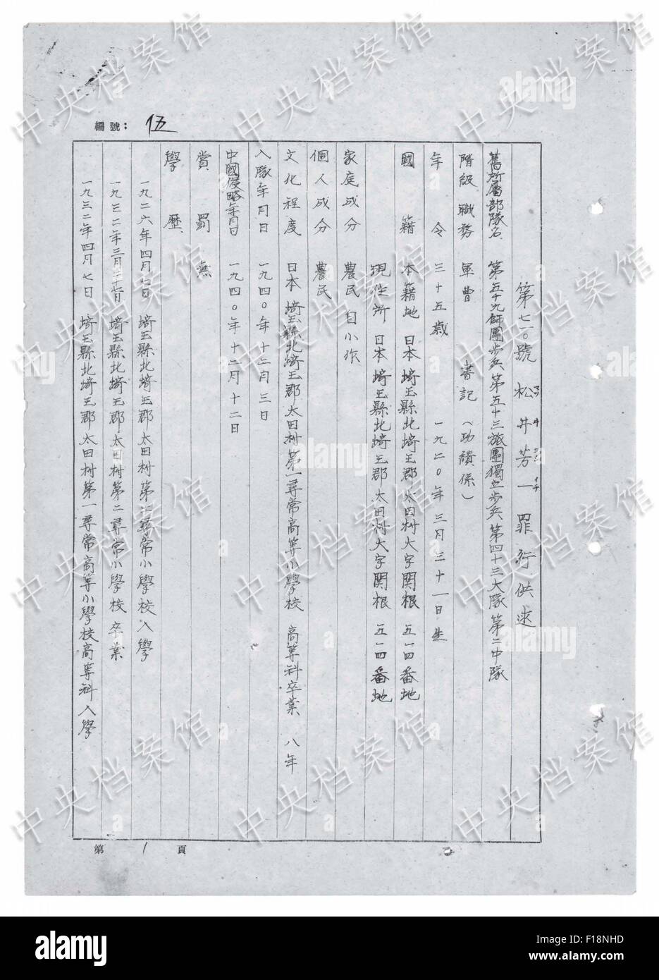 (150830) -- BEIJING, 30 août 2015 (Xinhua) -- Photo publié le 30 août 2015 par l'administration des archives de l'état de Chine sur son site web montre un extrait de criminel de guerre japonais Hoichi Matsui's confession manuscrite. La vingtième d'une série de 31 confessions manuscrites de criminels de guerre japonais publié en ligne, la confession dispose de Hoichi Matsui, qui s'est joint à la guerre d'agression japonaise contre la Chine en 1940, et a été capturé en août 1945. Hoichi Matsui et ses camarades light à 100 maisons dans un village de Ya'an County, est de la Chine, la province de Shandong, en 1941, et brûler Banque D'Images