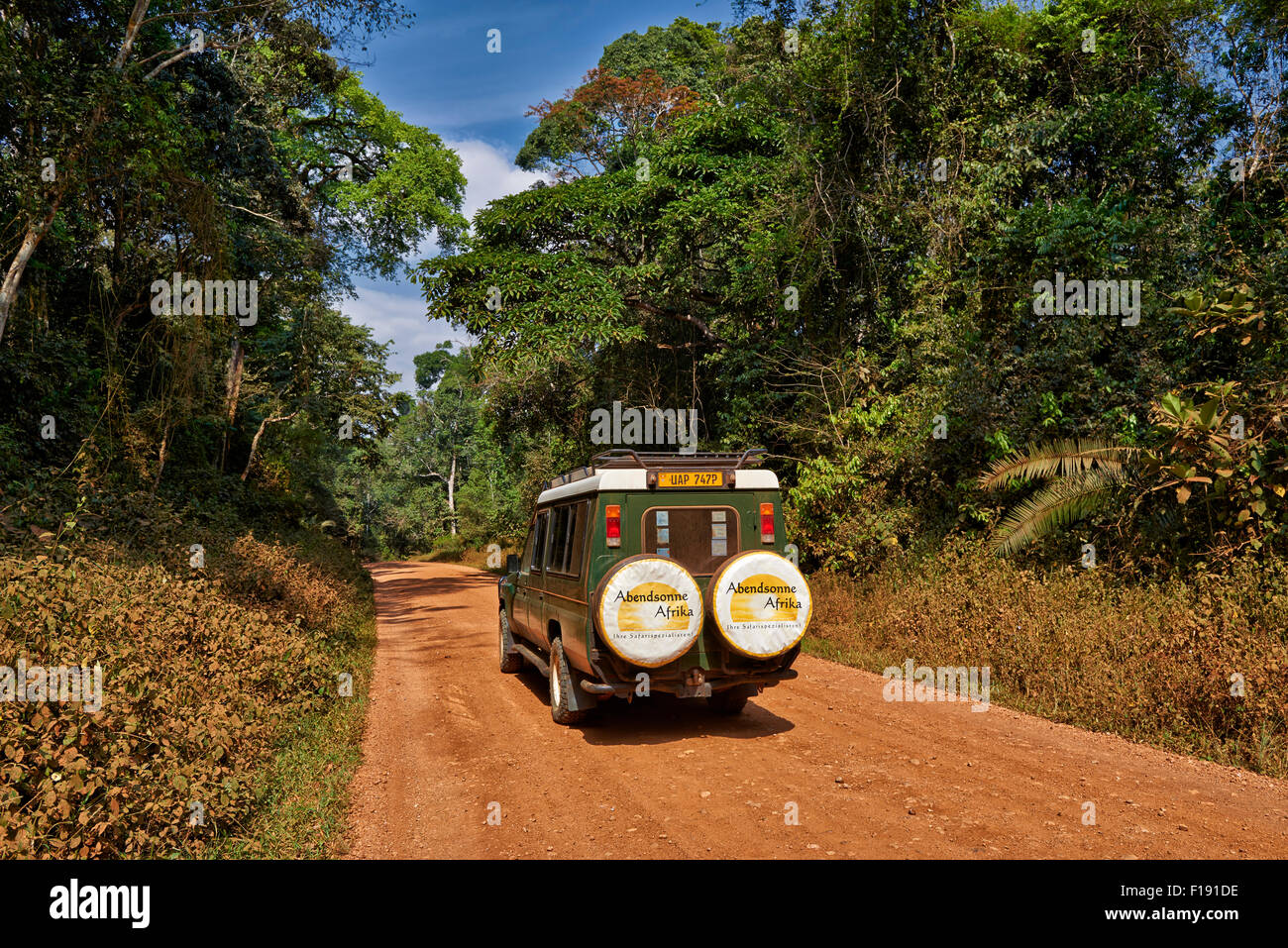 4x4 sur la route de gravier dans le parc national de Kibale, portail, Ouganda, laissez-vous inspirer par l'Afrique Banque D'Images